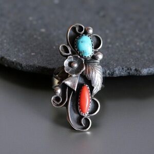 Navajo Signed Angela Lee Sterling Silver Ring with Turquoise and Coral Accents
